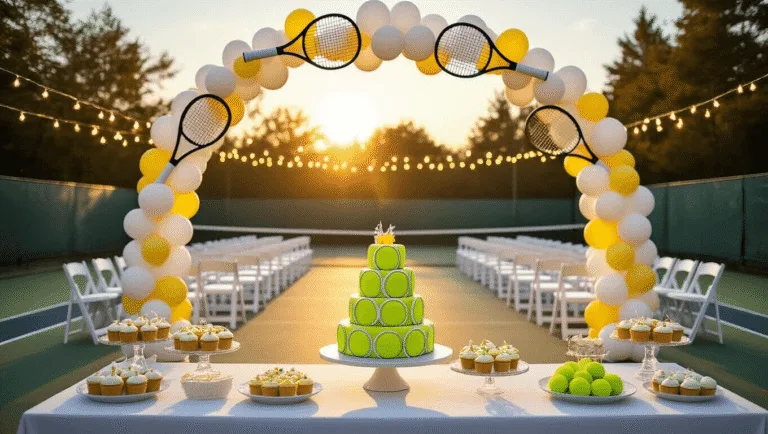 Ace Your Tennis Birthday Party: The Ultimate Guide to a Smashing Celebration Photorealistic outdoor tennis court birthday celebration setup featuring oversized tennis racket arch, white chairs with silk ribbons, a tiered tennis ball-themed cake, and string lights, captured during golden hour with a shallow depth of field.