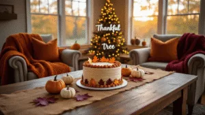 A Thanksgiving Birthday Bash: Celebrating Gratitude and Turning Another Year Older A cozy living room during golden hour, featuring a wooden dining table with a pumpkin spice birthday cake, mini white pumpkins, and burgundy maple leaves, surrounded by plush armchairs with chunky knit throws, and a 'Thankful Tree' adorned with fairy lights.