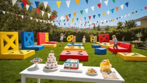 Tic Tac Toe Birthday Party: The Ultimate Guide to a Playful Celebration Aerial view of a vibrant backyard tic tac toe party with oversized game stations, children playing, colorful decor, and a dessert table featuring a game-themed cake, all in warm afternoon light.