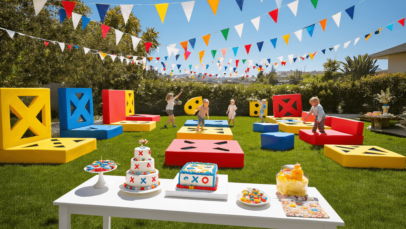 Aerial view of a vibrant backyard tic tac toe party with oversized game stations, children playing, colorful decor, and a dessert table featuring a game-themed cake, all in warm afternoon light.