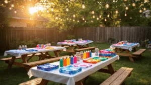 Tie Dye Birthday Party: The Ultimate Colorful Celebration Guide A vibrant backyard tie-dye party setup during golden hour, featuring picnic tables with dye supplies, colorful t-shirts, and hanging Edison lights, creating a festive atmosphere.