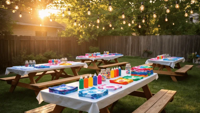 Tie Dye Birthday Party: The Ultimate Colorful Celebration Guide A vibrant backyard tie-dye party setup during golden hour, featuring picnic tables with dye supplies, colorful t-shirts, and hanging Edison lights, creating a festive atmosphere.
