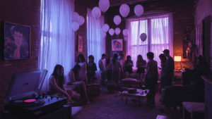House of Balloons: The Weeknd's Groundbreaking Debut Mixtape A dimly lit Toronto house party scene at dusk, featuring a vintage record player, white balloons, and diverse young partygoers in a moody atmosphere, illuminated by soft purple light and neon accents, with the skyline visible through large windows.