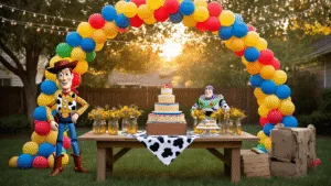 Throw the Ultimate Toy Story Birthday Party: A Pixar-Perfect Celebration Guide A sunlit backyard transformed into Andy's room for a Toy Story party, featuring a balloon arch, a dessert table styled like a toy chest, life-sized Woody and Buzz cutouts, string lights, an elaborate dessert spread, craft stations for making Forky, and a "To Infinity and Beyond" banner against a cloud-painted backdrop.