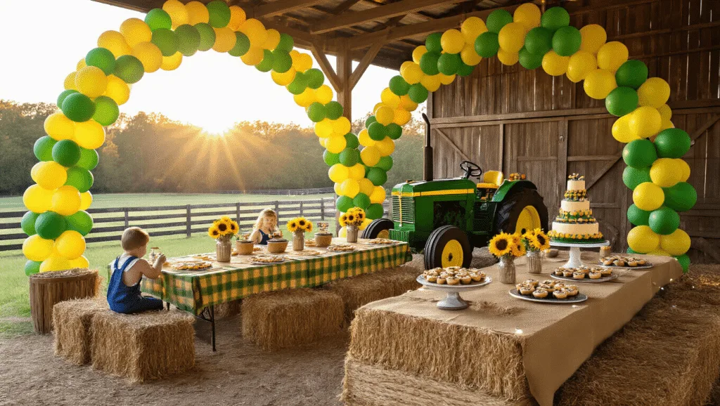 Revving Up the Fun: Planning the Ultimate Tractor-Themed Birthday Party Photorealistic interior of a rustic barn decorated for a children's birthday party, with golden hour sunlight highlighting green and yellow balloon arches, farmhouse tables with tractor-print tablecloths, mason jar sunflowers, hay bale seating, a dessert table featuring a tractor-shaped cake, and children in overalls playing a game on a tractor backdrop, all captured in soft bokeh and warm lighting.