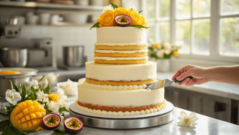Mango Passionfruit Wedding Cake: A Tropical Celebration of Flavor A three-tiered white wedding cake with mango-passionfruit jam filling being frosted in a sunlit bakery kitchen, adorned with fresh mango roses, passionfruit halves, and white tropical flowers, captured in photorealistic 8K ultra HD.