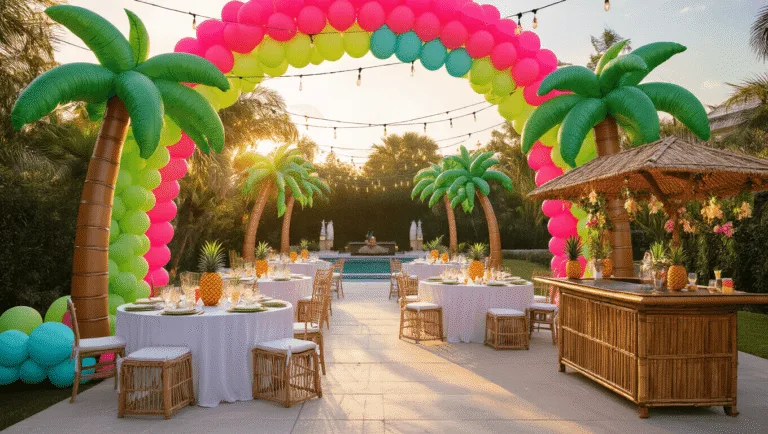 Tropical Birthday Party: Your Ultimate Guide to a Paradise-Perfect Celebration A luxurious tropical backyard party setup featuring a colorful balloon arch, inflatable palm trees, elegantly dressed tables, a tiki bar, and fairy lights, all captured at golden hour.