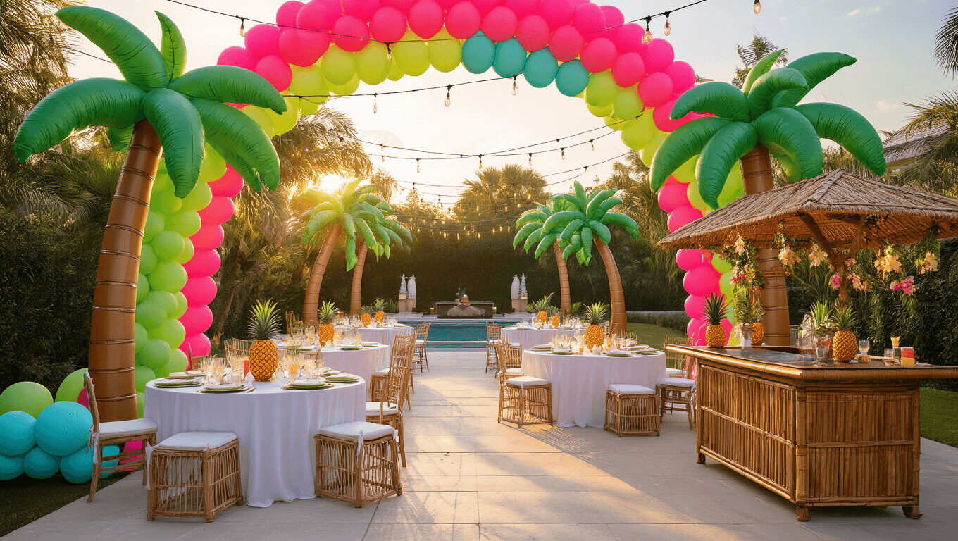 A luxurious tropical backyard party setup featuring a colorful balloon arch, inflatable palm trees, elegantly dressed tables, a tiki bar, and fairy lights, all captured at golden hour.