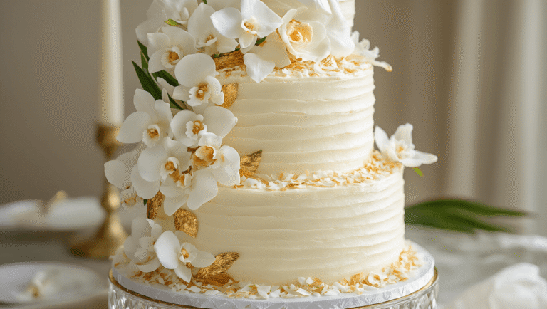 Pineapple Coconut Wedding Cake: A Tropical Celebration of Love A luxurious three-tiered pineapple coconut wedding cake decorated with pearl-white cream cheese frosting, edible gold leaf, fresh white orchids, and crystallized pineapple flowers, presented on a polished silver cake stand against a softly blurred tropical sunset backdrop.