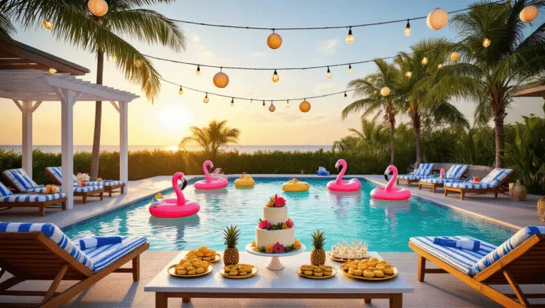 Splash-tastic Pool Birthday Party: The Ultimate Guide to Creating Unforgettable Memories Luxurious tropical poolside birthday party at sunset, featuring crystal-clear water, vibrant floats, teak lounge chairs, a white pergola with fairy lights, a dessert table with a coconut cake and pineapple cookies, and palm trees casting shadows.