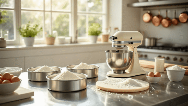 Coconut Passionfruit Wedding Cake: A Tropical Celebration of Flavor Photorealistic image of a sunlit professional kitchen with lined round cake pans on stainless steel counters, featuring a cream-colored KitchenAid stand mixer, measured baking ingredients, and a marble pastry board with coconut flakes, all captured in soft, natural lighting.
