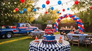 Vroom Vroom! The Ultimate Guide to Throwing an Epic Truck Birthday Party A vibrant outdoor truck-themed birthday party setup in a spacious backyard during golden hour, featuring checkered tablecloths, vintage toy trucks, balloon arches, a truck-shaped cake, and an obstacle course with traffic cones and painted cardboard buildings, all bathed in warm natural light.