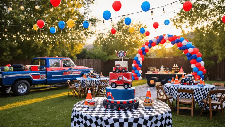 Vroom Vroom! The Ultimate Guide to Throwing an Epic Truck Birthday Party A vibrant outdoor truck-themed birthday party setup in a spacious backyard during golden hour, featuring checkered tablecloths, vintage toy trucks, balloon arches, a truck-shaped cake, and an obstacle course with traffic cones and painted cardboard buildings, all bathed in warm natural light.