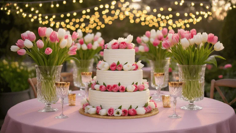 Tulip Birthday Party: A Blooming Celebration of Color and Style A wide shot of an enchanted garden terrace birthday celebration at golden hour, featuring blush pink tables with crystal vases of tulips, fairy lights overhead, and an ornate white birthday cake adorned with fresh tulips, set against a backdrop of manicured topiaries and climbing roses.