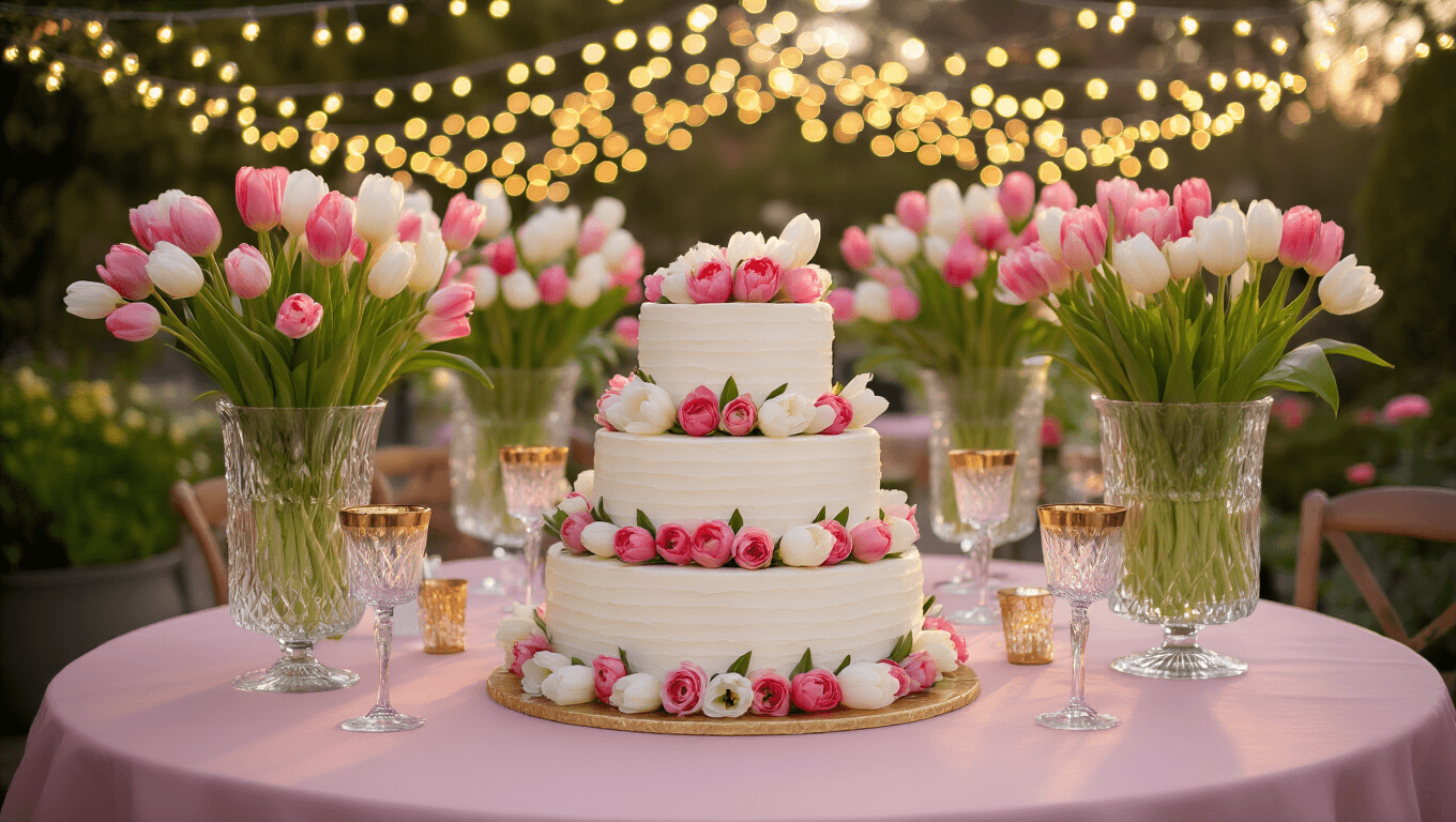 A wide shot of an enchanted garden terrace birthday celebration at golden hour, featuring blush pink tables with crystal vases of tulips, fairy lights overhead, and an ornate white birthday cake adorned with fresh tulips, set against a backdrop of manicured topiaries and climbing roses.