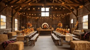 Turkey Birthday Party: A Festive Fall Celebration Guide Cinematic wide-angle view of a rustic barn birthday party decorated for a turkey theme, featuring long tables with autumn floral arrangements, fairy lights, cozy hay bale seating, a turkey-shaped cake, and festive balloon arrangements in warm fall colors.