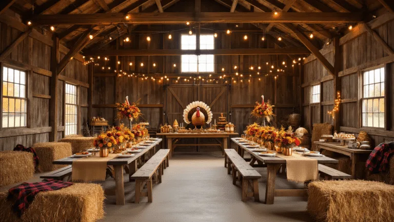 Turkey Birthday Party: A Festive Fall Celebration Guide Cinematic wide-angle view of a rustic barn birthday party decorated for a turkey theme, featuring long tables with autumn floral arrangements, fairy lights, cozy hay bale seating, a turkey-shaped cake, and festive balloon arrangements in warm fall colors.