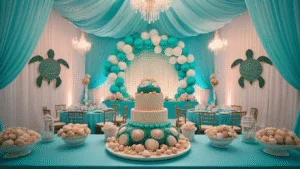 Turtle Birthday Party: A Whimsical Underwater Celebration Guide A whimsical underwater-themed birthday celebration in a ballroom featuring a turtle shell cake, coral centerpieces, and soft blue uplighting, with draped teal fabric and a grand balloon arch.