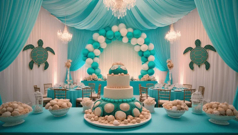 Turtle Birthday Party: A Whimsical Underwater Celebration Guide A whimsical underwater-themed birthday celebration in a ballroom featuring a turtle shell cake, coral centerpieces, and soft blue uplighting, with draped teal fabric and a grand balloon arch.