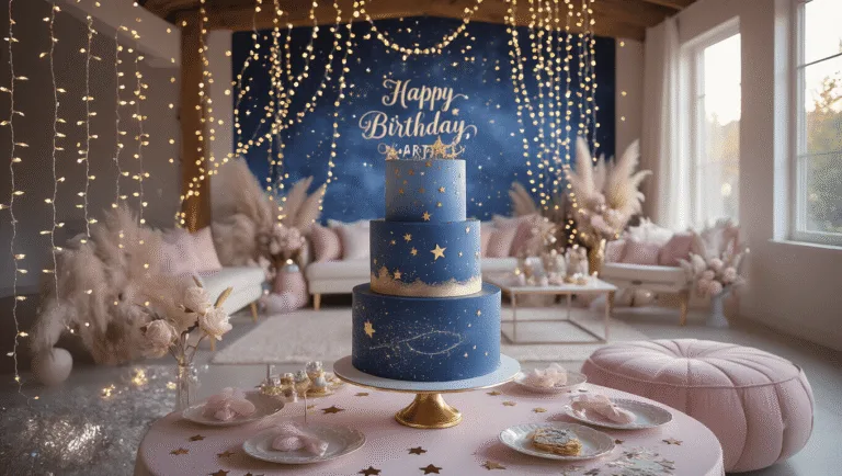 Twinkle Twinkle Little Star: The Ultimate Celestial Birthday Party Guide A dreamy birthday party setup in a celestial-themed modern living room, featuring cascading fairy lights, an ornate dessert table with a constellation backdrop, a hand-painted 3-tier cake, soft tulle drapery, and star-shaped balloons, all illuminated by golden hour lighting for a magical atmosphere.