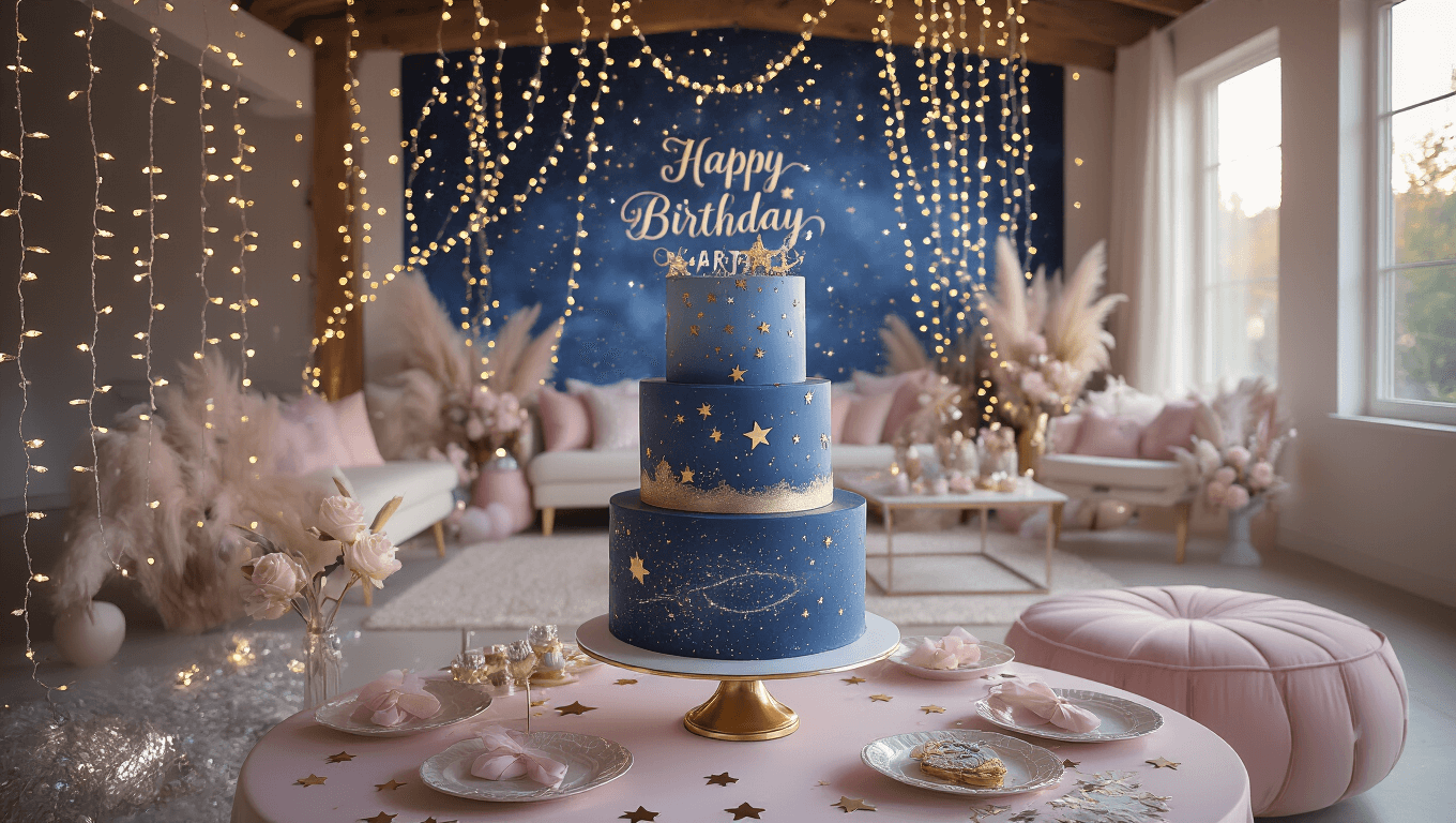 A dreamy birthday party setup in a celestial-themed modern living room, featuring cascading fairy lights, an ornate dessert table with a constellation backdrop, a hand-painted 3-tier cake, soft tulle drapery, and star-shaped balloons, all illuminated by golden hour lighting for a magical atmosphere.