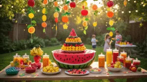 Burst of Color: How to Create the Ultimate Fruit-Themed Birthday Party That Will Make Everyone Smile A whimsical backyard birthday party setting during golden hour, featuring a giant watermelon-shaped cake, vibrant fruit displays, and colorful activity stations, illuminated by string lights and decorated with fruit-shaped balloons and a rose gold "One in a Melon" banner.