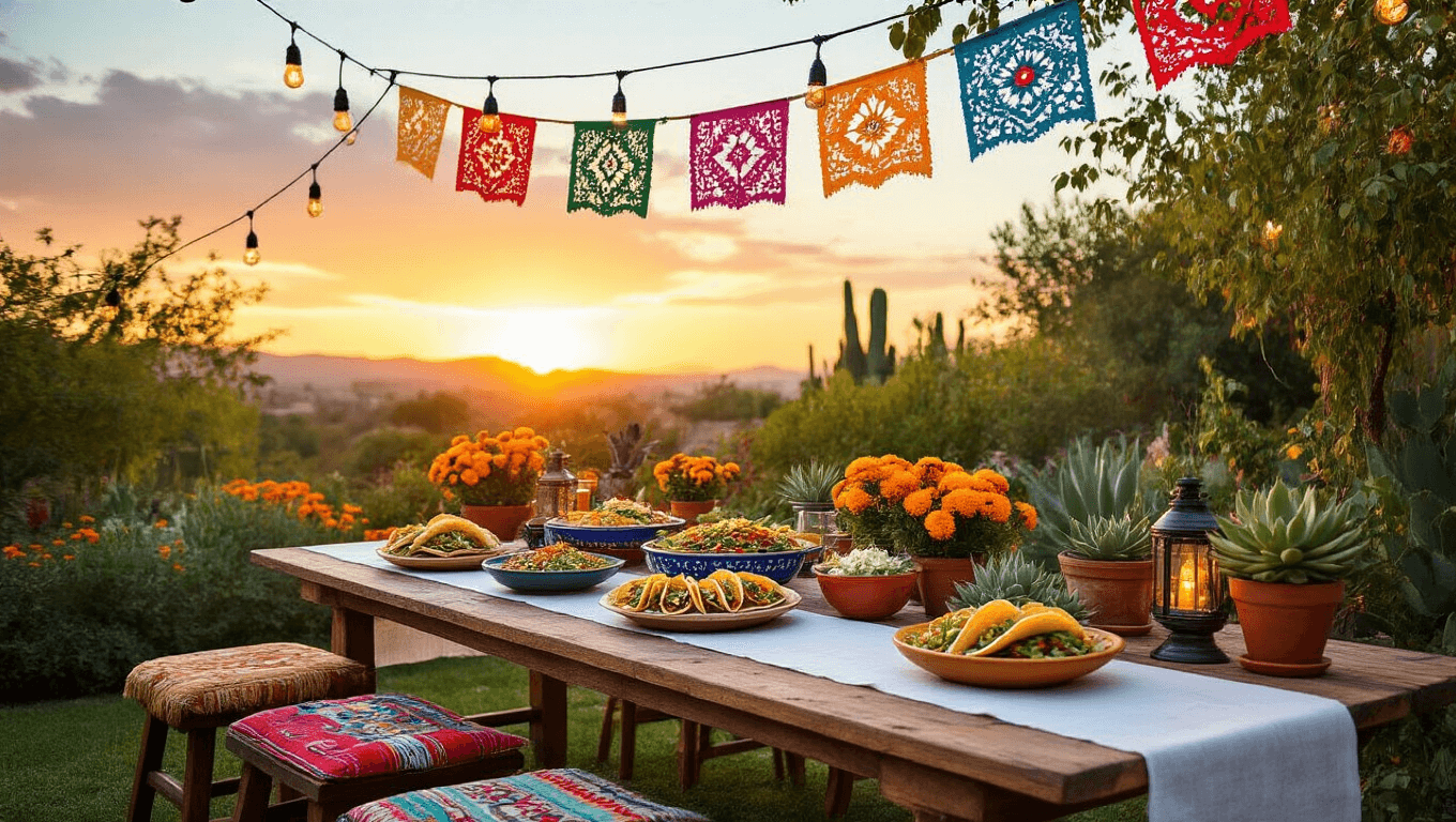 A vibrant taco party setup in a lush garden at golden hour, featuring a rustic table with a white linen runner adorned with colorful Mexican ceramic platters of toppings, handmade tortillas, and garnishes, surrounded by ambient lighting and traditional decor.