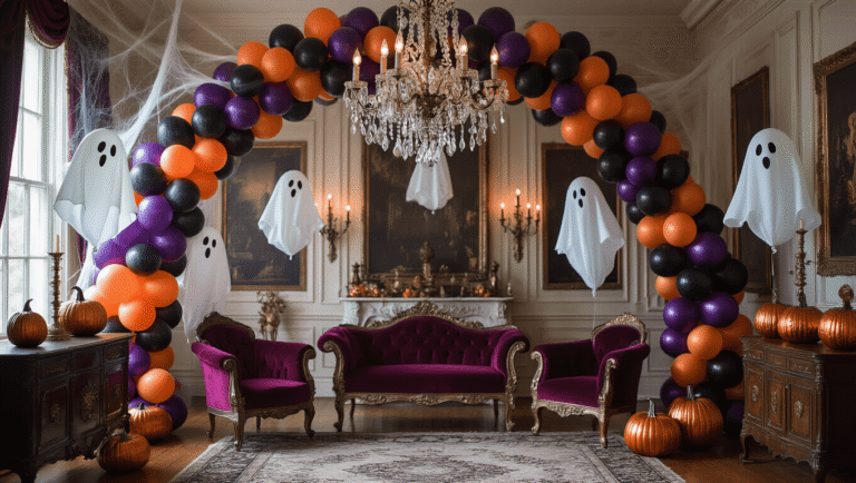 Spooky and Spectacular: The Ultimate Guide to Halloween Balloons A luxurious Victorian parlor decorated for Halloween, featuring an elaborate balloon arch in deep purple, metallic orange, and black latex balloons, a crystal chandelier draped with cobwebs, floating ghost-shaped white balloons, velvet chaise lounges, metallic pumpkin-shaped foil balloons, and bat-shaped balloons, all illuminated by vintage brass candelabras under dramatic chiaroscuro lighting.