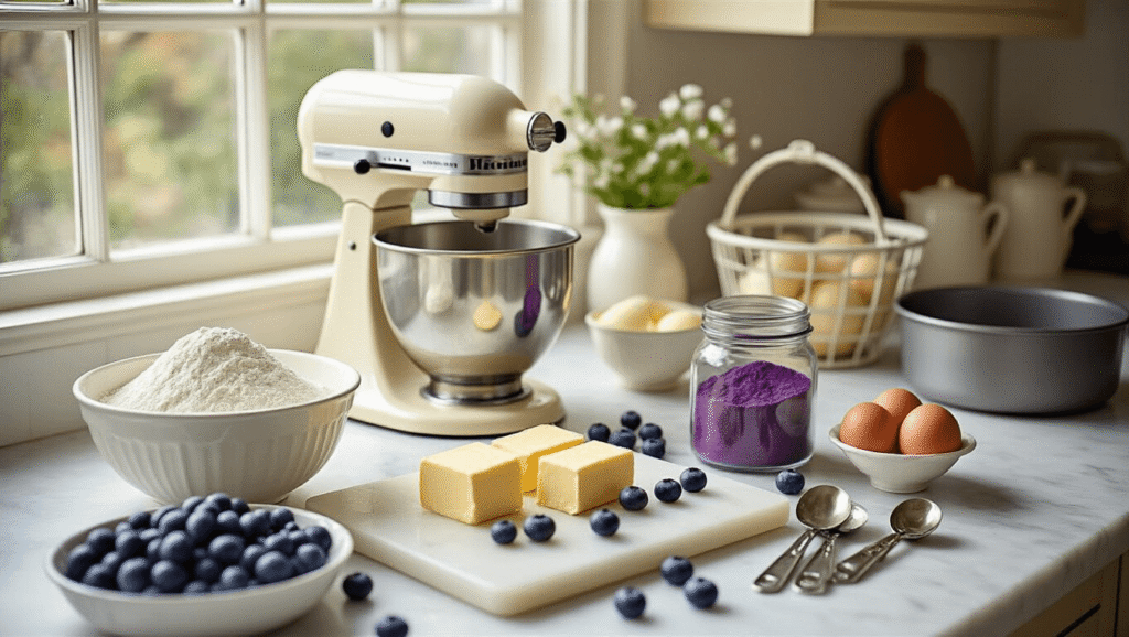 Violet Blueberry Wedding Cake: A Stunning Centerpiece Dessert A vintage cream-colored stand mixer surrounded by artfully arranged baking ingredients, including sifted flour, room-temperature butter, fresh eggs, and vibrant purple blueberry powder, all set on a clean marble countertop illuminated by soft natural light.