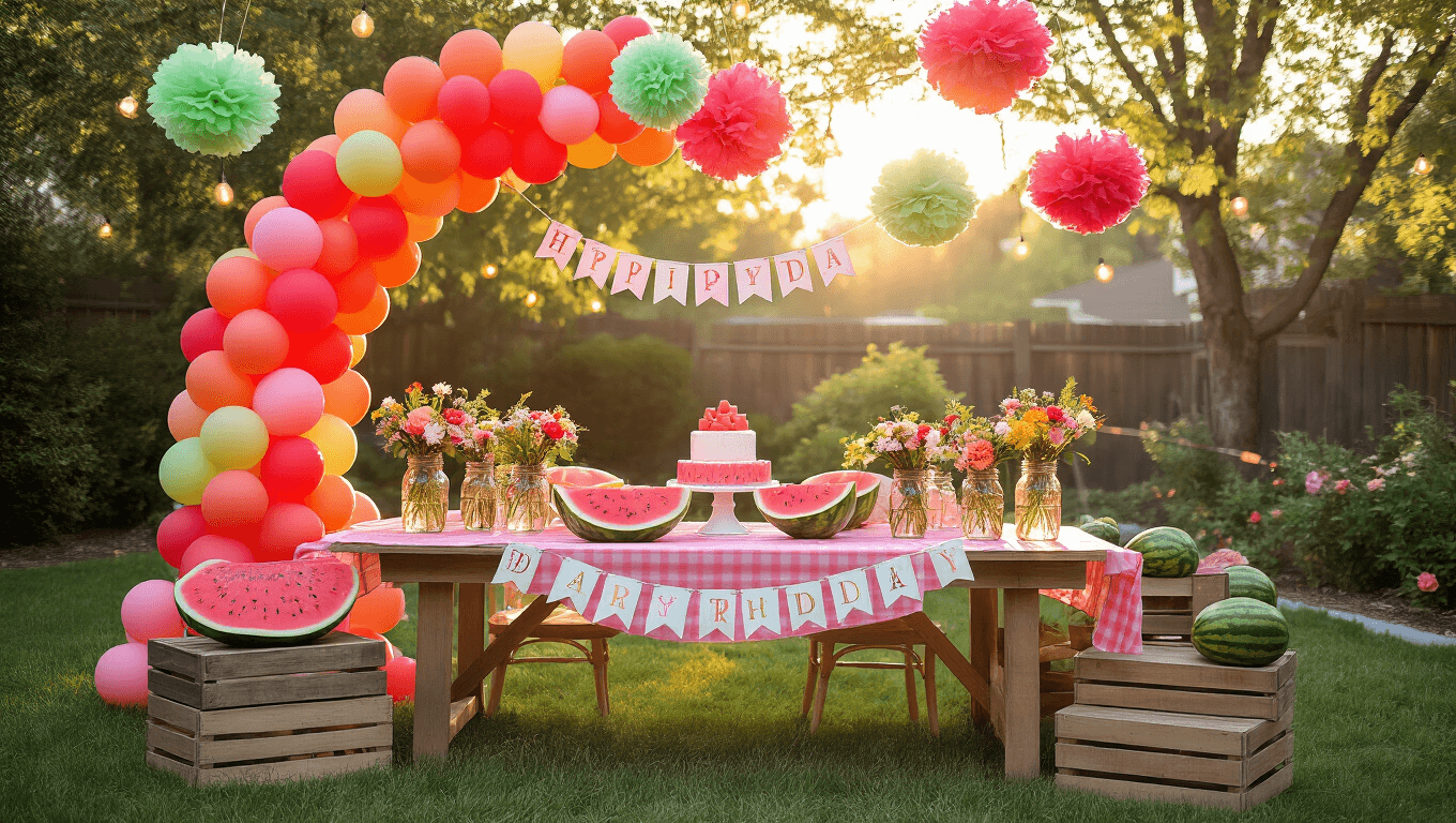 A vibrant backyard birthday party setup featuring a grand ombré balloon arch, a pink gingham table dressed with mason jar centerpieces and fresh watermelon slices, a whimsical dessert station with a watermelon-shaped cake, and children playing near a watermelon piñata, all illuminated by soft golden hour lighting.