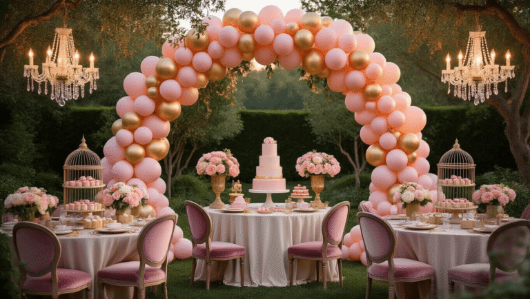 Stunning Birthday Party Decorations: Transform Your Celebration from Boring to Brilliant! A dreamy garden party at dusk featuring a grand ombre balloon arch, vintage birdcage centerpieces with peonies and garden roses, crystal chandeliers, a dessert cart with tiered macarons, plush dusty rose chairs, and twinkling fairy lights, all captured in soft bokeh and warm atmospheric lighting.