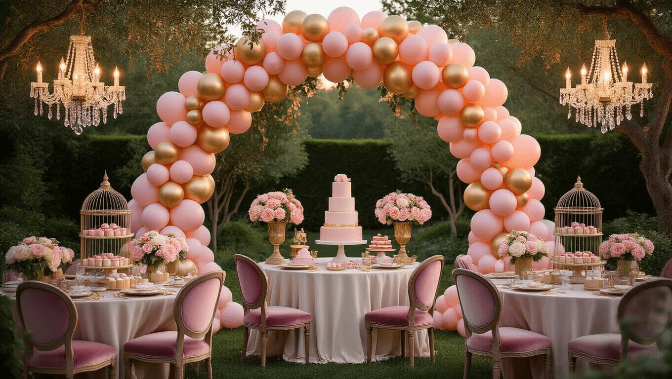 A dreamy garden party at dusk featuring a grand ombre balloon arch, vintage birdcage centerpieces with peonies and garden roses, crystal chandeliers, a dessert cart with tiered macarons, plush dusty rose chairs, and twinkling fairy lights, all captured in soft bokeh and warm atmospheric lighting.