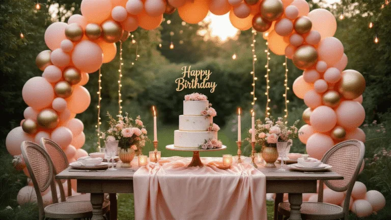 Elevate Your Birthday Celebration with Epic Happy Birthday Balloons A whimsical outdoor birthday celebration in an enchanted garden, featuring a rustic table with a blush pink silk tablecloth, surrounded by vintage chairs, and framed by a peach and gold balloon arch; a three-tier naked cake adorned with flowers and a 'Happy Birthday' topper is central, with candle holders casting warm light and fairy lights overhead.