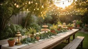 Plant-Themed Birthday Party: A Blooming Celebration of Nature and Creativity A whimsical backyard garden birthday party scene at golden hour, featuring a rustic wooden table adorned with a botanical runner, vintage lanterns, and vibrant succulents, under a magical canopy of Edison bulbs.