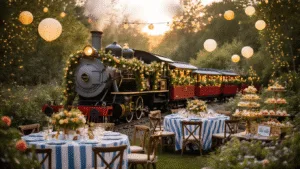 All Aboard the Ultimate Train Birthday Party: A Comprehensive Guide A hyperrealistic photograph of a whimsical garden party featuring a vintage steam engine backdrop, adorned with fairy lights, blue and white striped tables, and miniature train car centerpieces filled with wildflowers, all illuminated by warm golden hour lighting.