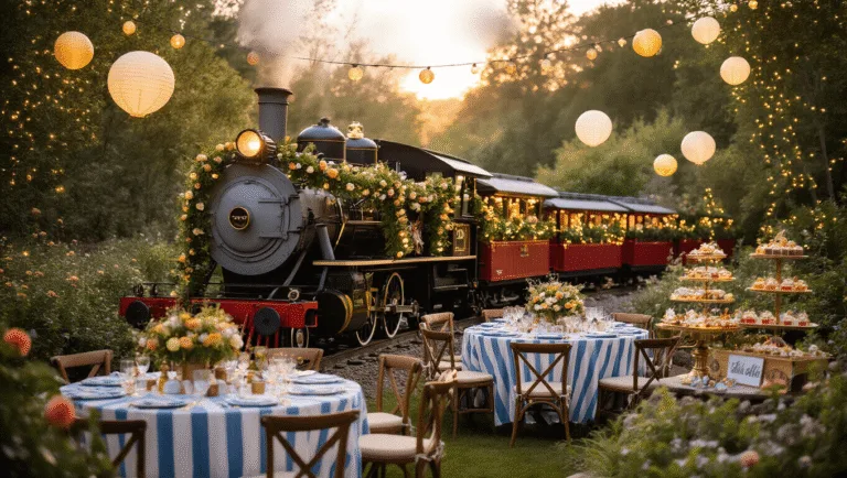 All Aboard the Ultimate Train Birthday Party: A Comprehensive Guide A hyperrealistic photograph of a whimsical garden party featuring a vintage steam engine backdrop, adorned with fairy lights, blue and white striped tables, and miniature train car centerpieces filled with wildflowers, all illuminated by warm golden hour lighting.