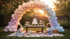 Ultimate Guide to Birthday Balloons: Transform Your Celebration with Colorful Style A whimsical backyard birthday celebration at golden hour features a pastel ombré balloon arch, vintage dessert table with a buttercream cake, fairy lights, and children playing on a picnic blanket, all captured in 8K ultra HD with warm, atmospheric lighting.