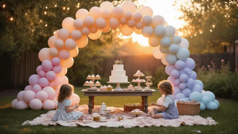 Ultimate Guide to Birthday Balloons: Transform Your Celebration with Colorful Style A whimsical backyard birthday celebration at golden hour features a pastel ombré balloon arch, vintage dessert table with a buttercream cake, fairy lights, and children playing on a picnic blanket, all captured in 8K ultra HD with warm, atmospheric lighting.