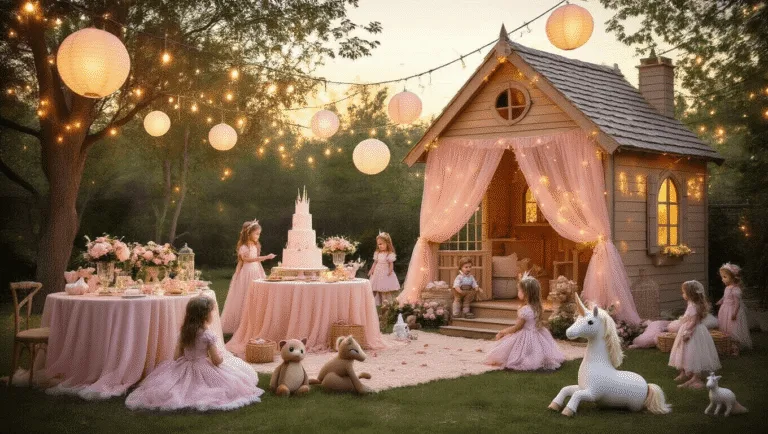 The Ultimate Playhouse Birthday Party: A Magical Celebration Guide A dreamy backyard playhouse birthday party at golden hour, featuring a wooden playhouse draped in blush pink tulle and twinkling lights, vintage tables with pastel linens, fresh floral centerpieces, a castle-shaped cake, and children in costumes playing under a canopy of string lights and glowing paper lanterns.