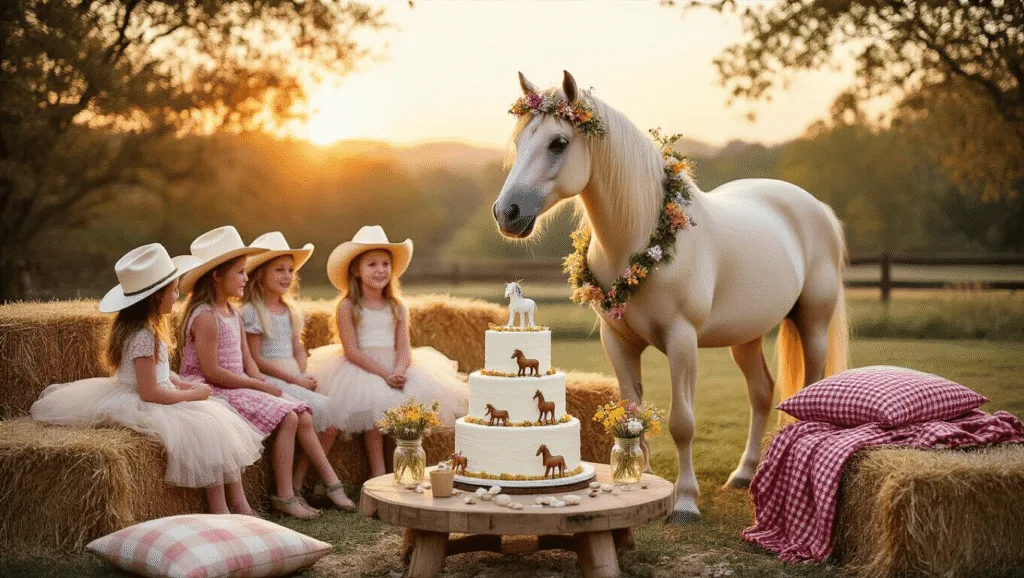 Magical Pony Birthday Party: A Complete Guide to Creating Unforgettable Childhood Memories A whimsical backyard party at golden hour featuring a cream-colored pony with a wildflower crown, excited children in cowboy hats and tutus, rustic hay bale seating, a vintage dessert table with a buttercream cake, and decorative string lights creating a magical atmosphere.