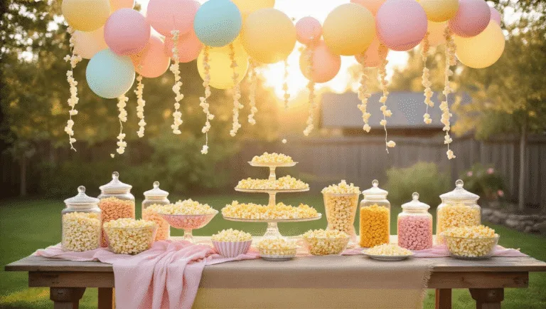 Popcorn Birthday Party: The Ultimate Celebration Guide for Snack-Loving Hosts A whimsical backyard popcorn party bar featuring a rustic wooden table adorned with crystal cake stands and apothecary jars filled with colorful popcorn, surrounded by pastel balloons and fairy lights, captured in soft golden hour lighting.
