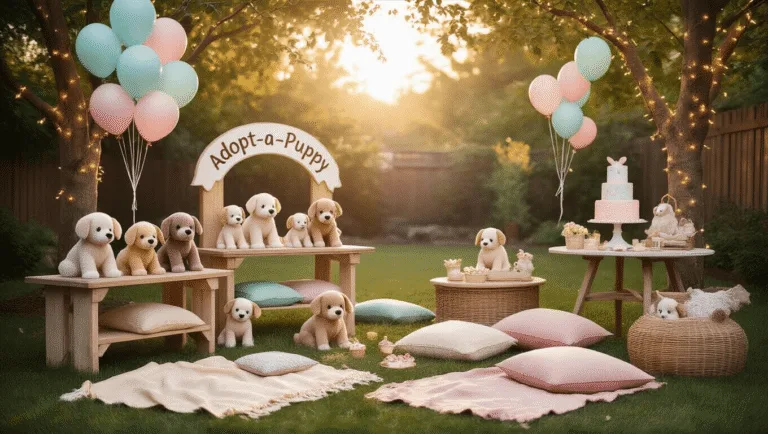 Puppy Birthday Party: The Ultimate Guide to Throwing a Tail-Wagging Celebration A whimsical backyard birthday party scene featuring an "Adopt-a-Puppy" station with plush puppies, pastel balloons, picnic blankets, and a vintage dessert table, all under warm golden hour lighting.