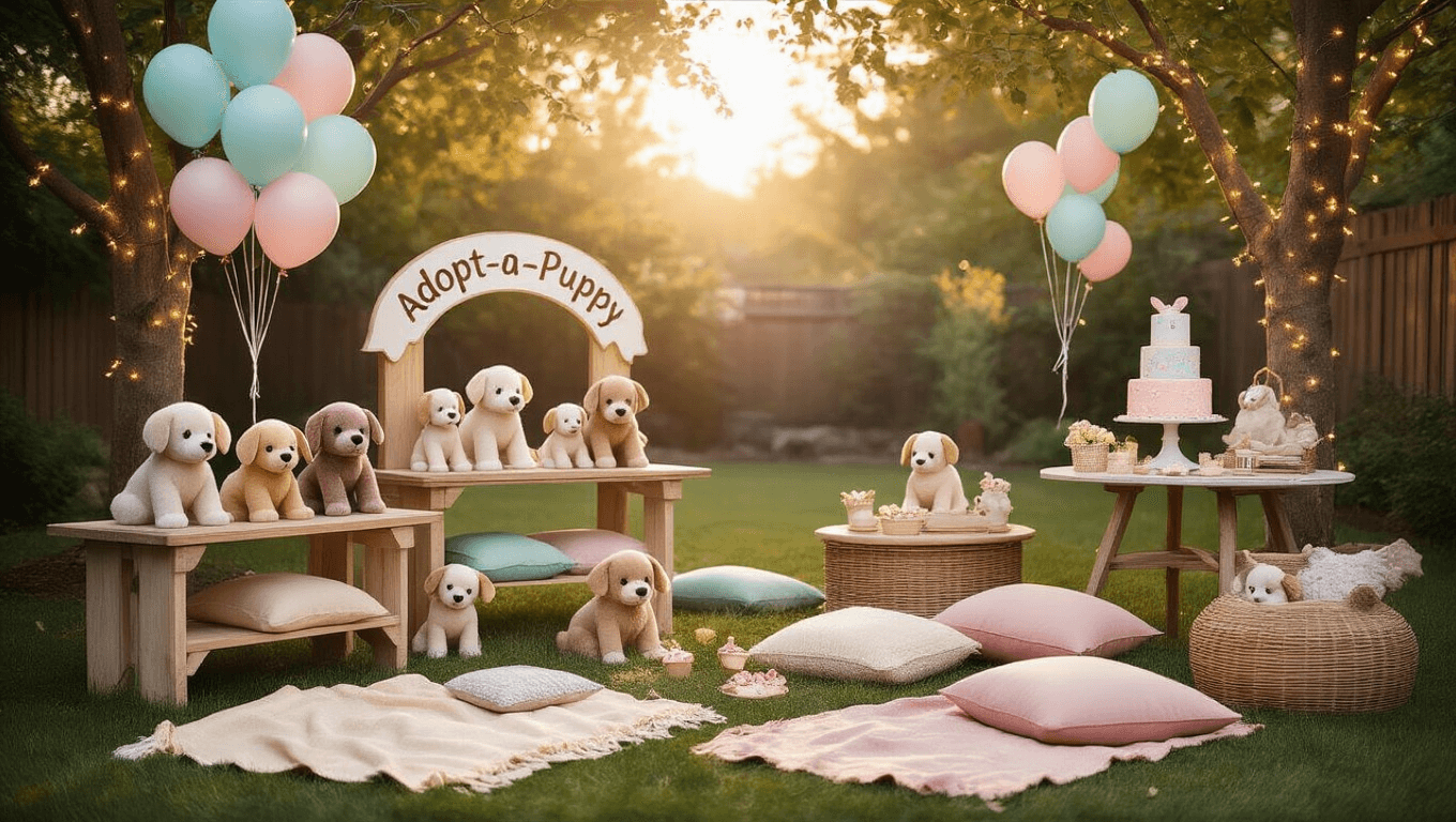 A whimsical backyard birthday party scene featuring an "Adopt-a-Puppy" station with plush puppies, pastel balloons, picnic blankets, and a vintage dessert table, all under warm golden hour lighting.