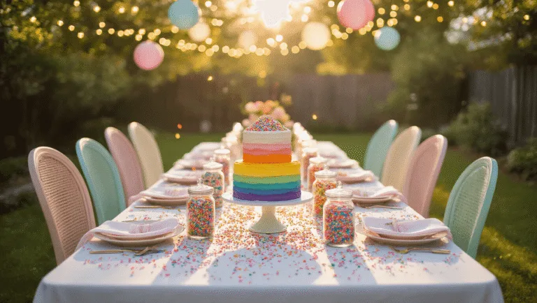 Sprinkle Birthday Party: The Ultimate Guide to a Colorful Celebration A whimsical backyard celebration scene featuring a long farmhouse table adorned with a white linen tablecloth, colorful sprinkles, and crystal jars. Vintage chairs in pastel shades surround the table, illuminated by warm string lights and lanterns. A dessert cart showcases a 3-tier rainbow cake with buttercream and sprinkles amidst golden hour lighting and engaged guests in the background.