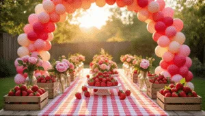Sweet Strawberry Birthday Party: A Delightful Celebration Guide A whimsical backyard party setup featuring a long picnic table with a red and white gingham tablecloth, decorated with vintage milk glass bottles of flowers, a grand balloon arch in pink tones, and rustic wooden crates filled with strawberries, all illuminated by soft fairy lights during golden hour.