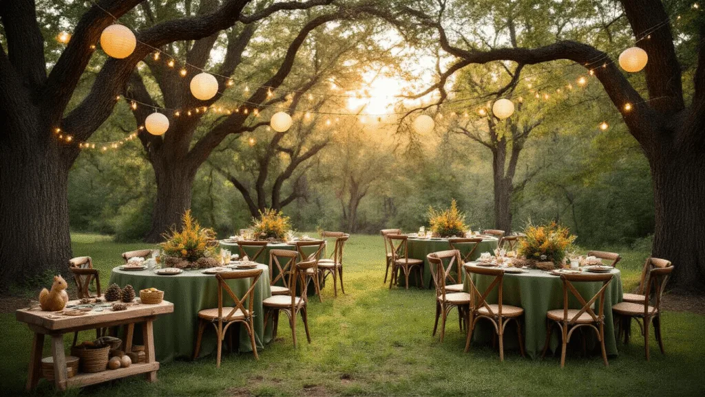 Squirrel Birthday Party: A Woodland Wonderland Celebration! A whimsical woodland-themed backyard birthday party featuring round moss-green tables, cross-back wooden chairs with squirrel tail accents, twinkling lights, a craft station, and woodland treats, all set against a dreamy golden hour backdrop.