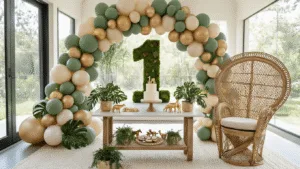 Wild One Birthday Party: The Ultimate Guide to a Jungle-Themed First Birthday Celebration A luxurious jungle-themed birthday party setup featuring a grand balloon arch, a rustic dessert table with a naked cake, and cozy seating areas, all bathed in golden hour lighting.