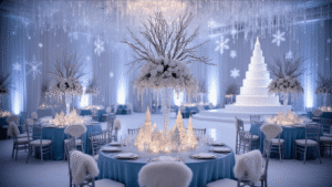 Winter Wonderland Birthday Party: Your Ultimate Guide to a Magical Celebration Cinematic wide-angle shot of an opulent winter wonderland ballroom, featuring elegant tables with icy blue silk, crystal centerpieces, silver Chiavari chairs, cascading chandeliers, a grand white cake, and a magical atmosphere created by fairy lights and soft diffused lighting.