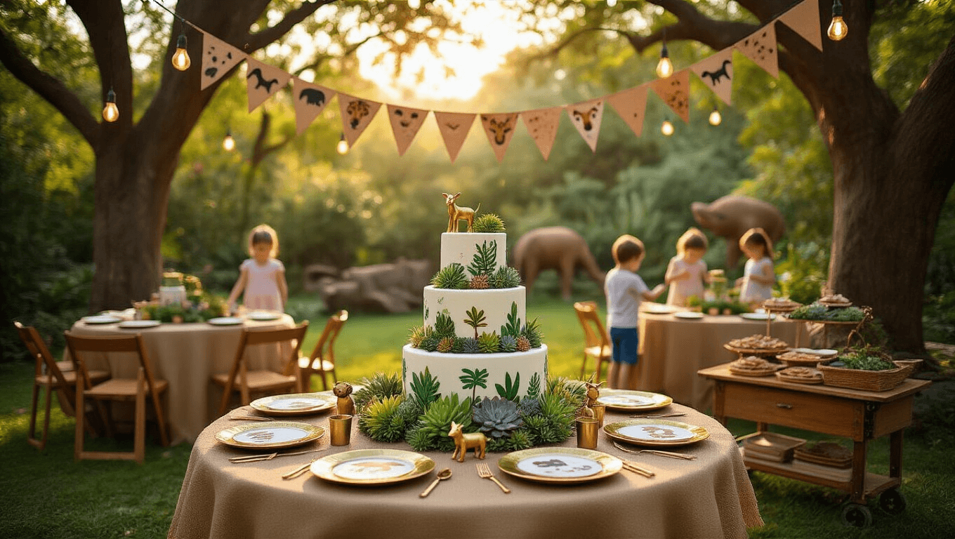 A vibrant outdoor zoo-themed birthday party in a lush garden during golden hour, featuring round tables with burlap runners, succulent centerpieces with brass animal figurines, festive bunting, and a jungle-themed cake, with children interacting with a toucan in the background.