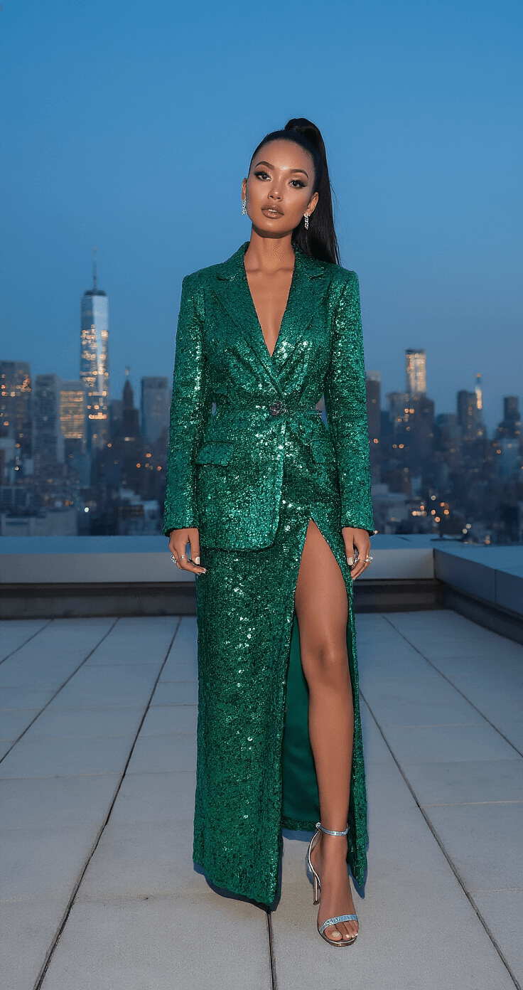 Rock That Sequin Blazer Dress: Your Ultimate Style Guide for Show-Stopping Glamour A modern penthouse rooftop party at blue hour featuring a person in an emerald green sequin blazer dress, strappy silver sandals, and diamond studs against a city skyline, with hair in a sleek high ponytail and dewy makeup, captured from slightly below eye level.